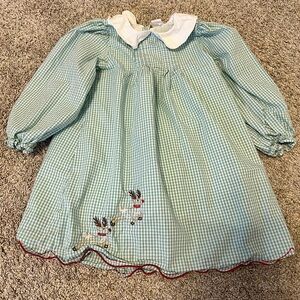 Little girls Green Gingham Dress with Reindeer Embroidery